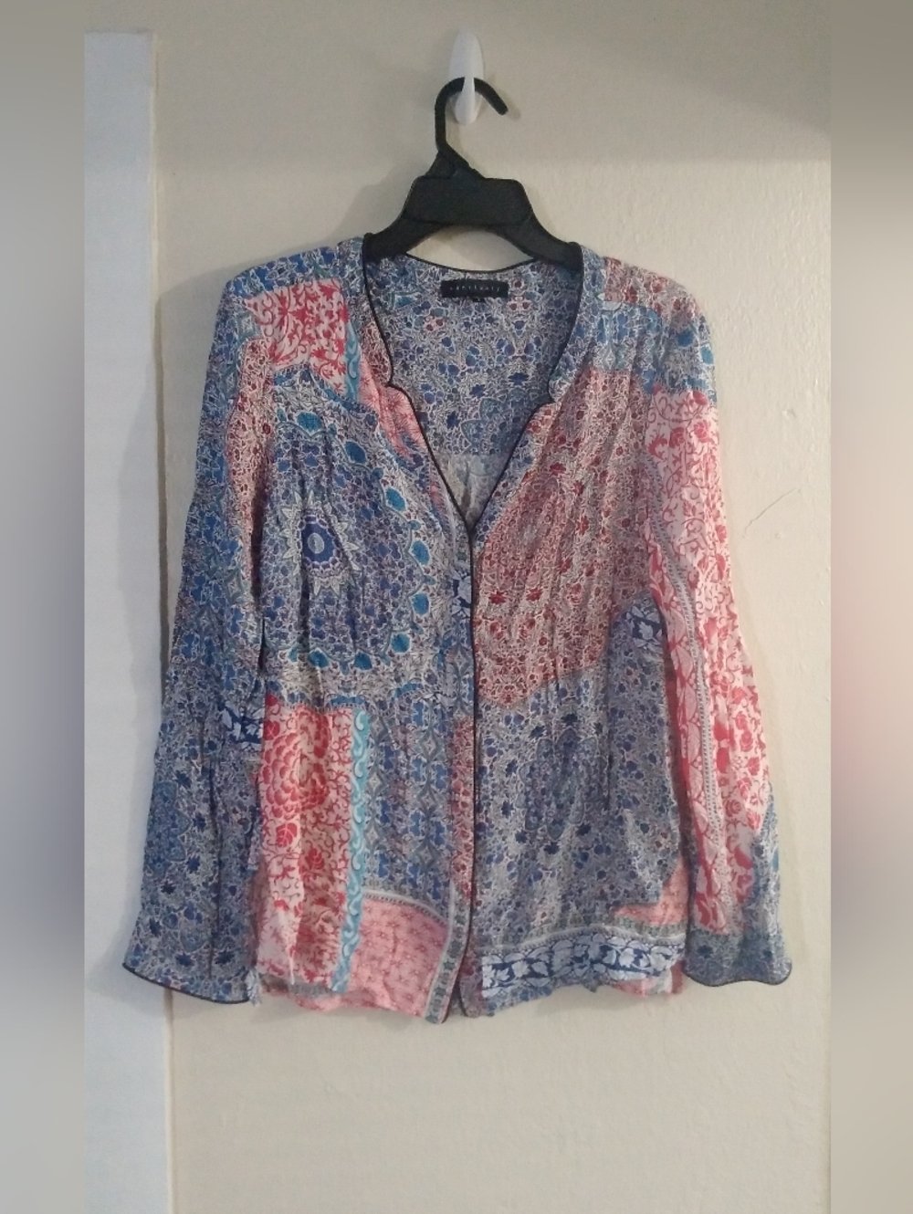 Sanctuary Blouse Top Shirt Mixed Print V Neck Viscose Womens M Long Sleeve